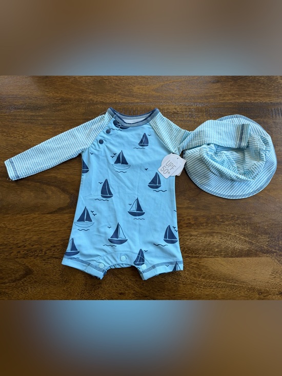 Mud Pie Other - Mud Pie Light Blue and Navy Sailboat Baby Rashguard and Hat Set